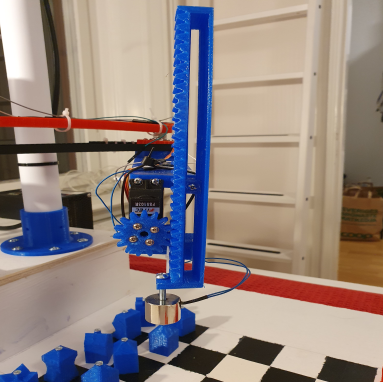 Rack-and-pinion Z-axis with electromagnet gripper